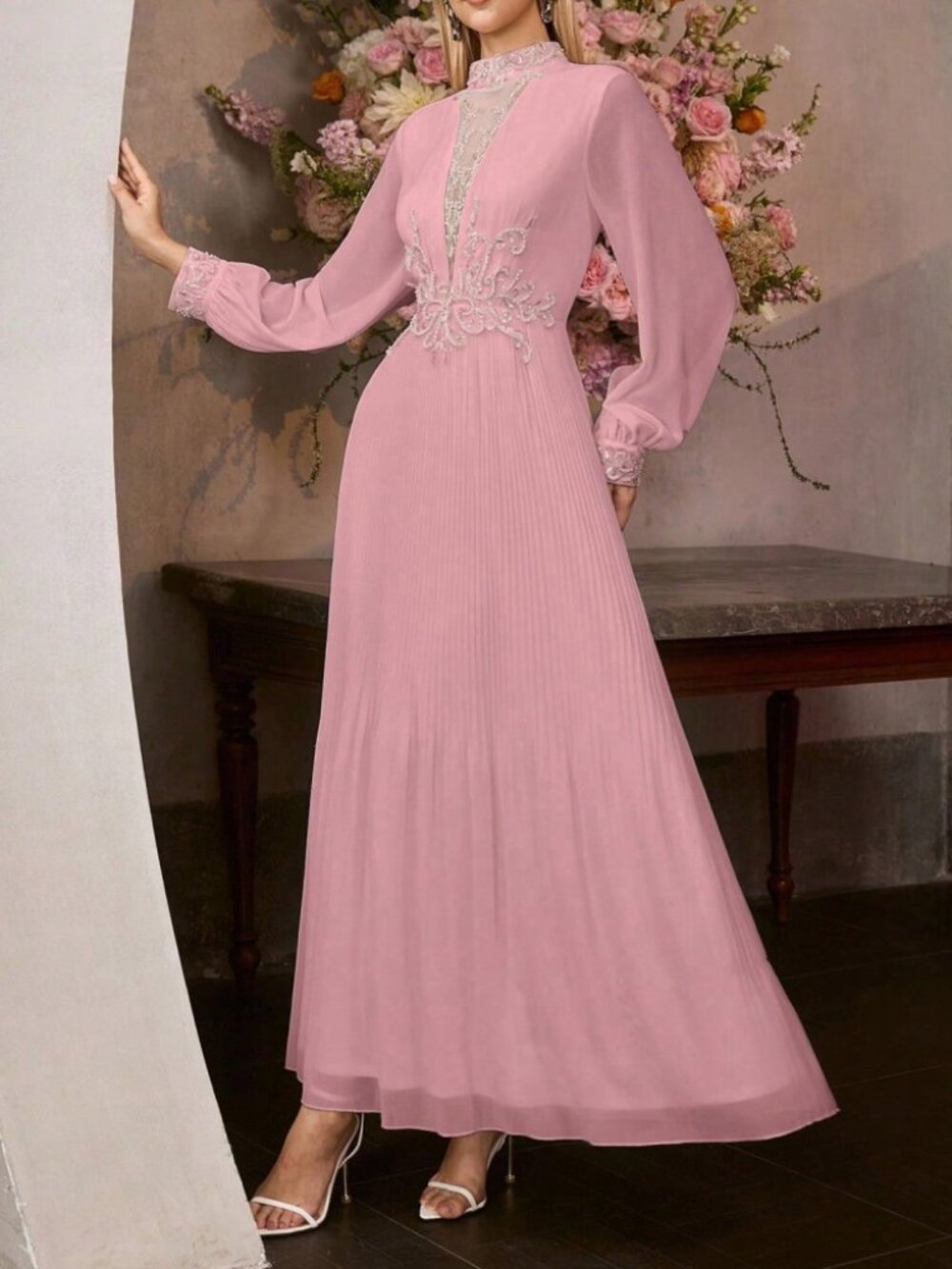 Pink Chiffon Beaded Mesh Maxi Dress with Pleated Skirt